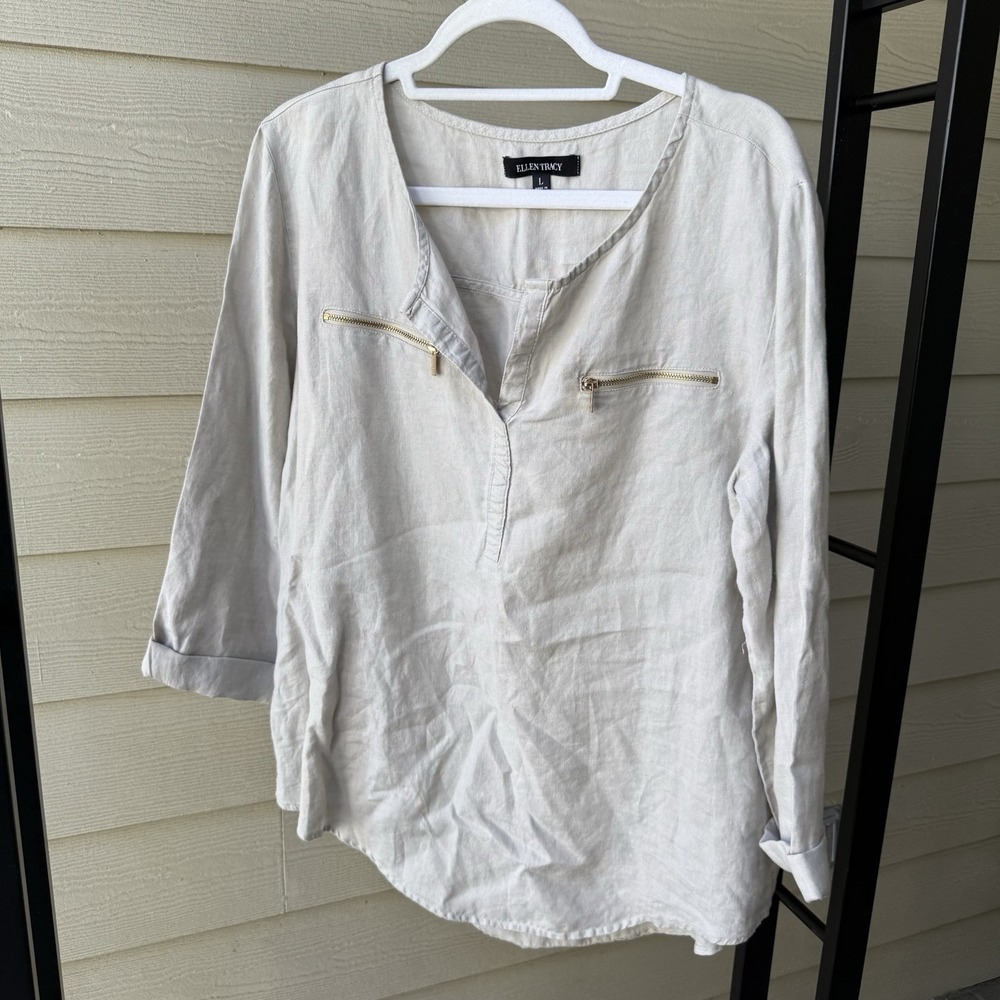 Womens 100% Linen Tan Roll‎ Tab Sleeves, Zip Pockets, Lagenlook Blouse Top Large